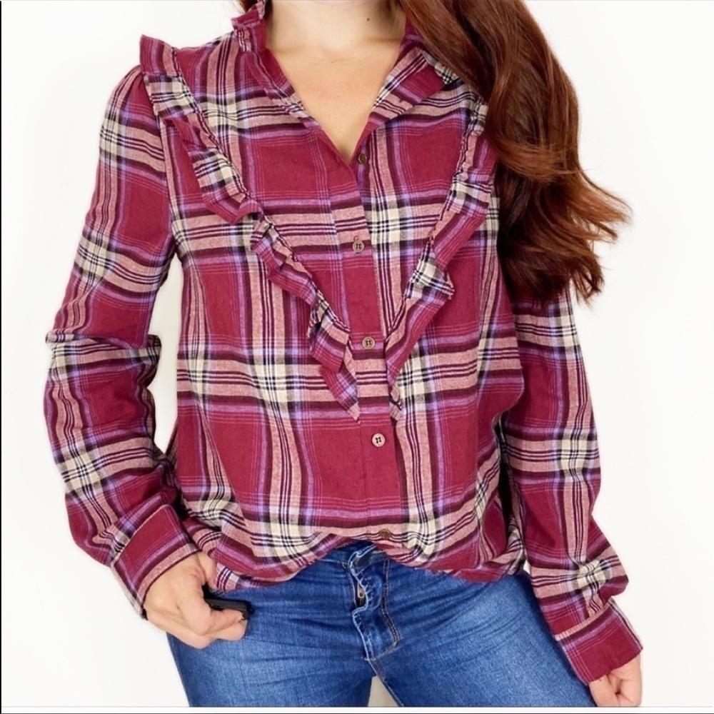 NWOT ENTRO Burgundy Plaid Ruffle Western Button Up Top Medium Equestrian Blouse